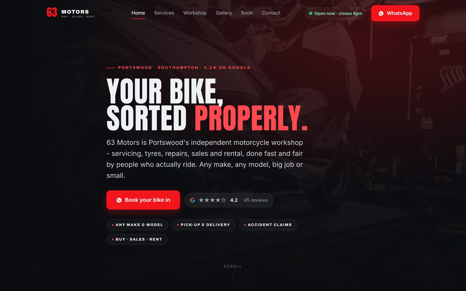 63 Motors website — red-lit motorcycle workshop hero