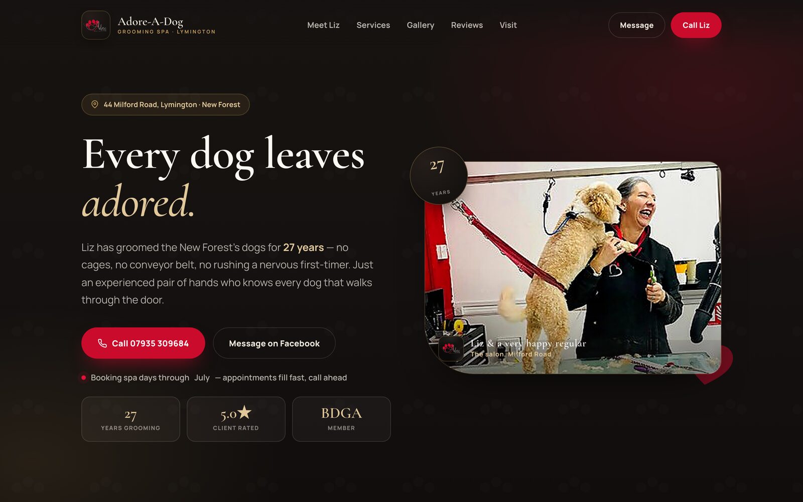 Adore-A-Dog Grooming Spa website — hero photo of a groomer with a happy doodle