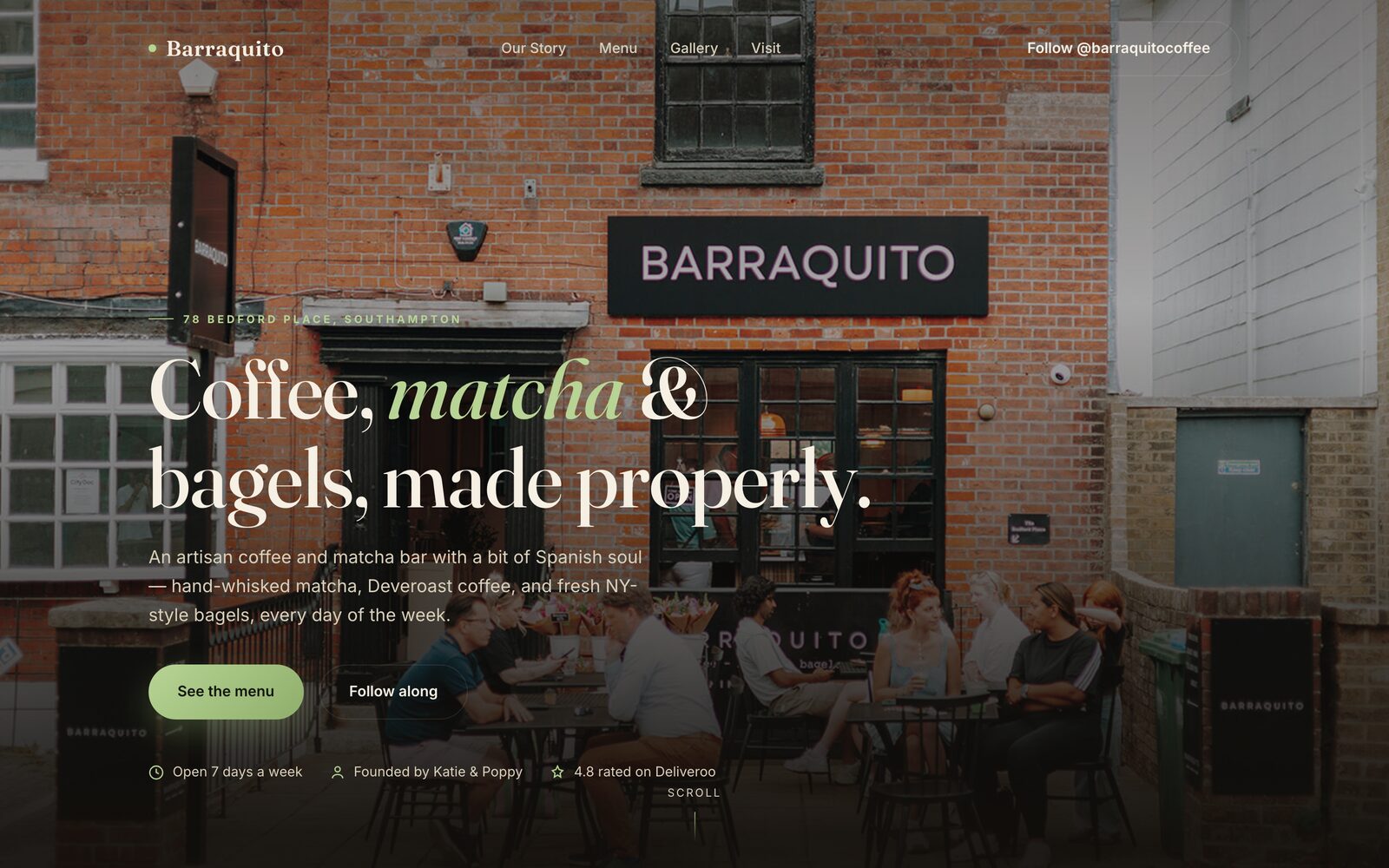 Barraquito coffee bar website — brick storefront hero with an editorial headline