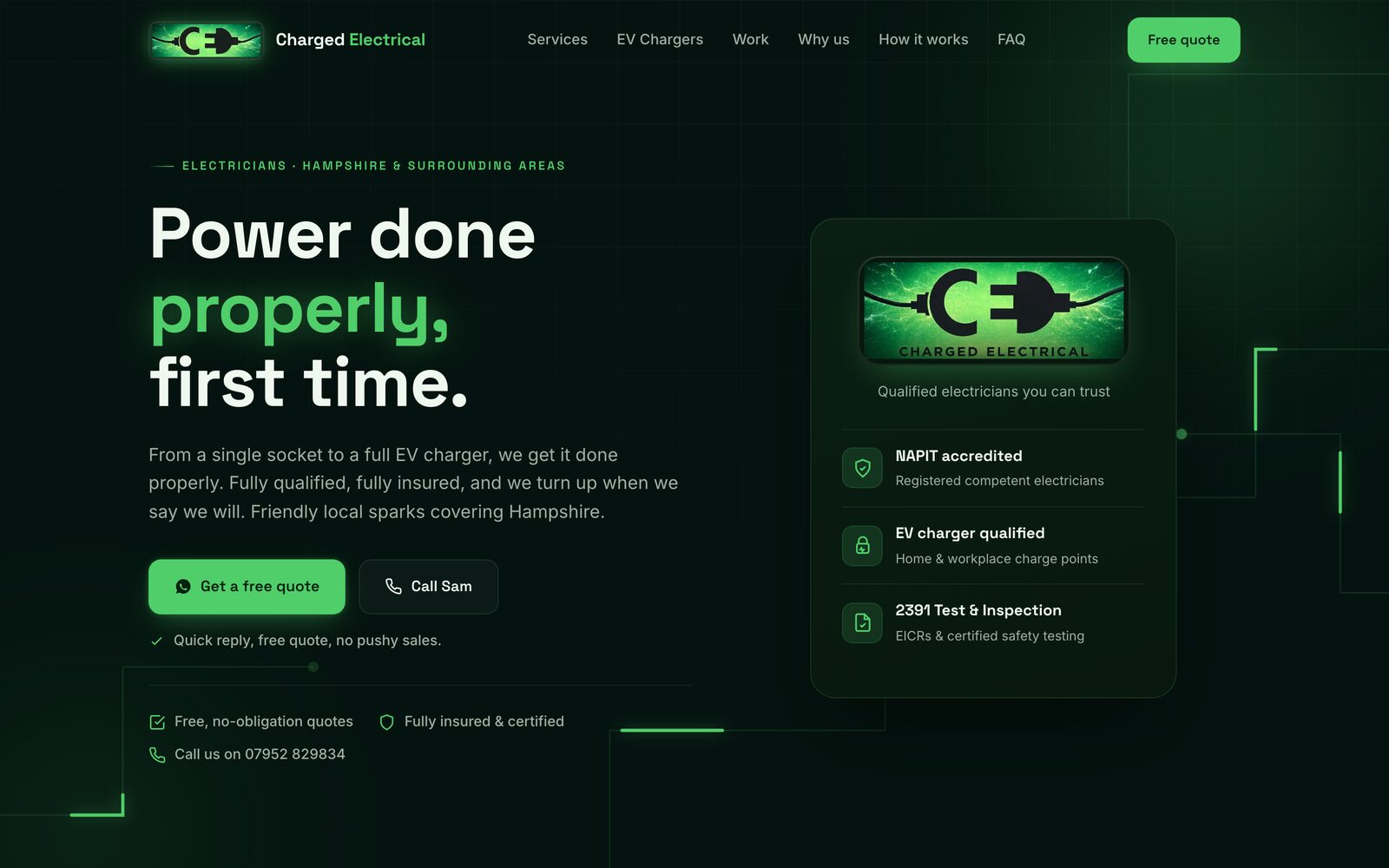 Charged Electrical website — neon green circuit-board hero with accreditation cards