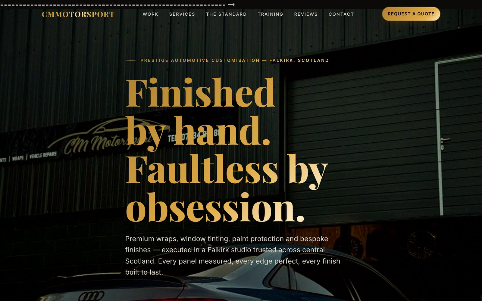 CM Motorsport website — dark workshop hero with gold serif headline