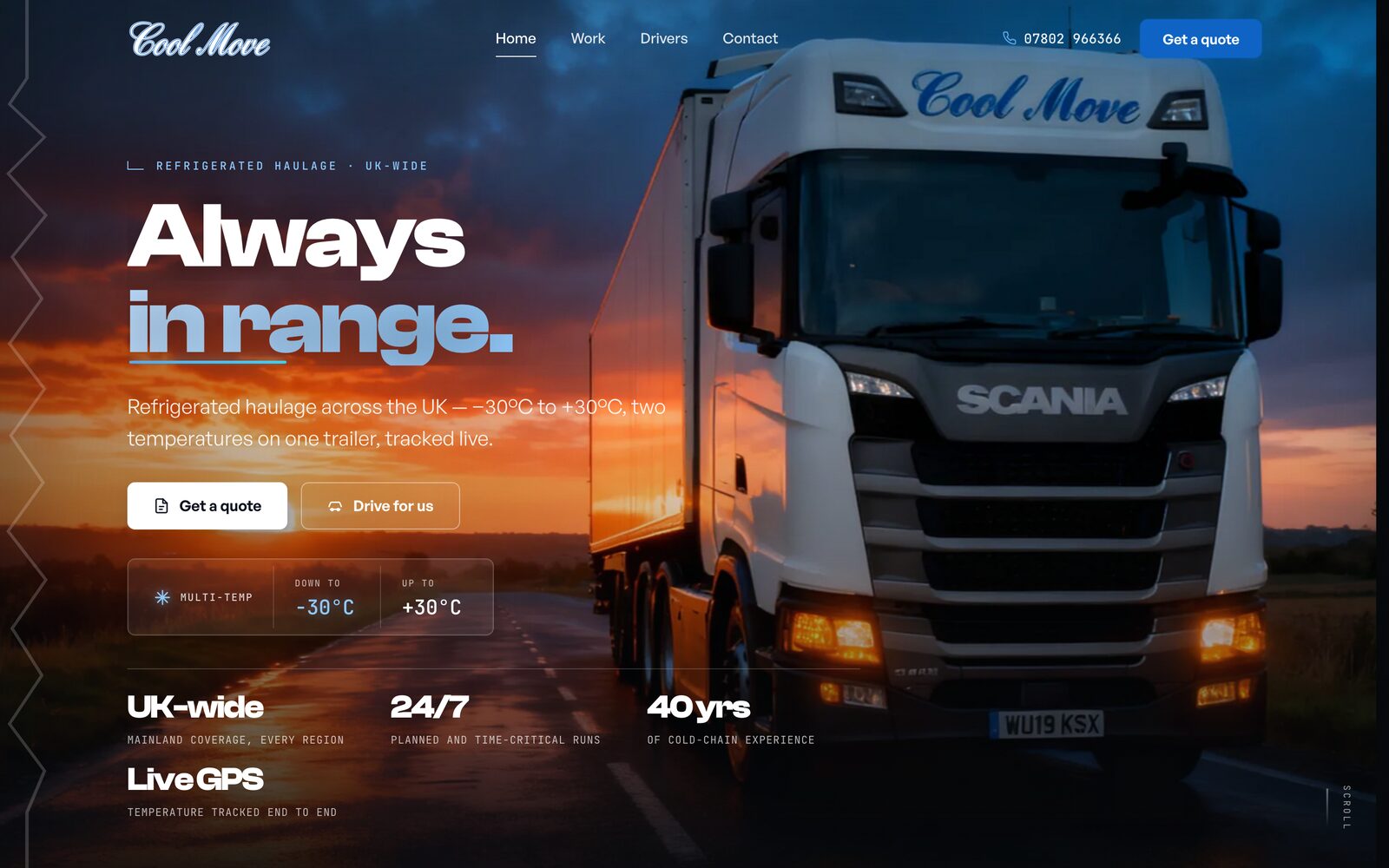 Cool Move Logistics website — a refrigerated Scania at dusk with live temperature stats