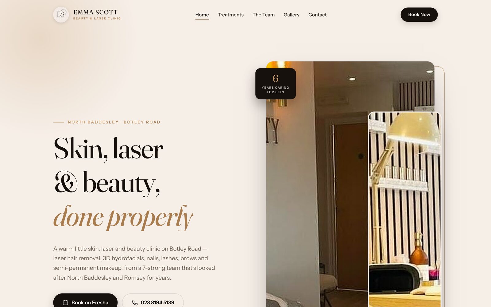 Emma Scott Beauty and Laser Clinic website — light editorial hero with a salon interior