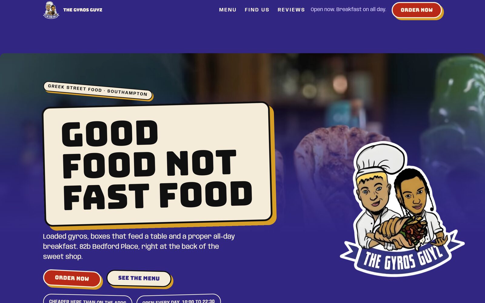 The Gyros Guyz website — electric violet stickerbomb hero reading Good Food Not Fast Food