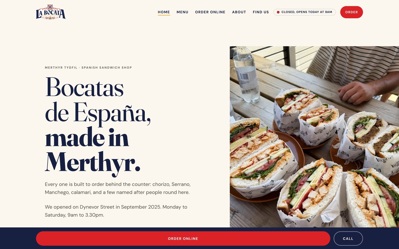 La Bocata website — editorial serif hero reading Bocatas de España, made in Merthyr beside a spread of Spanish sandwiches
