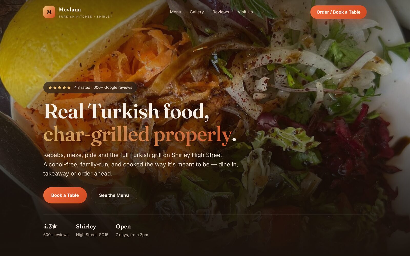 Mevlana Turkish Kitchen website — char-grilled food hero with rating stats