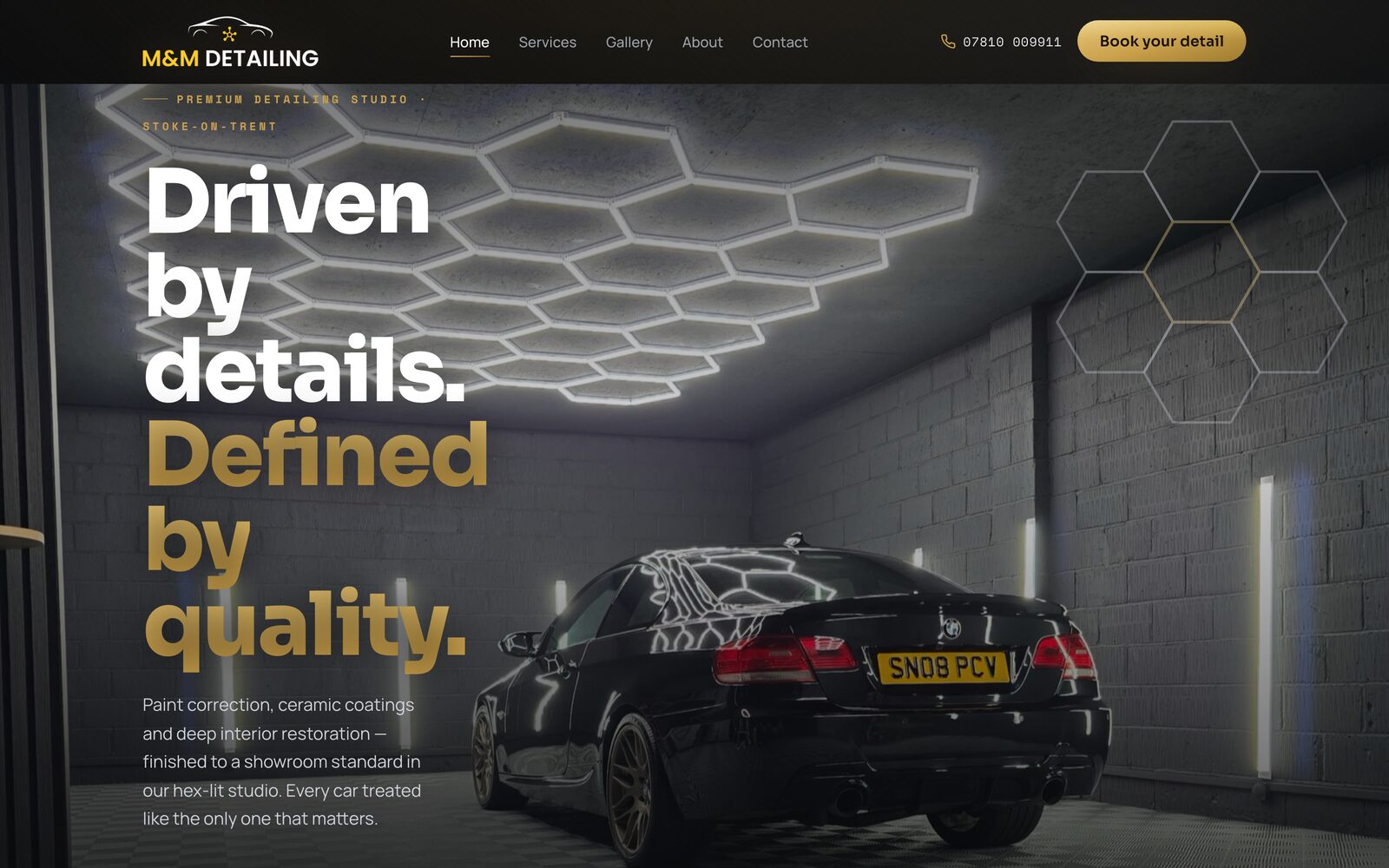 M&M Detailing website — gallery-first hero of a freshly detailed car