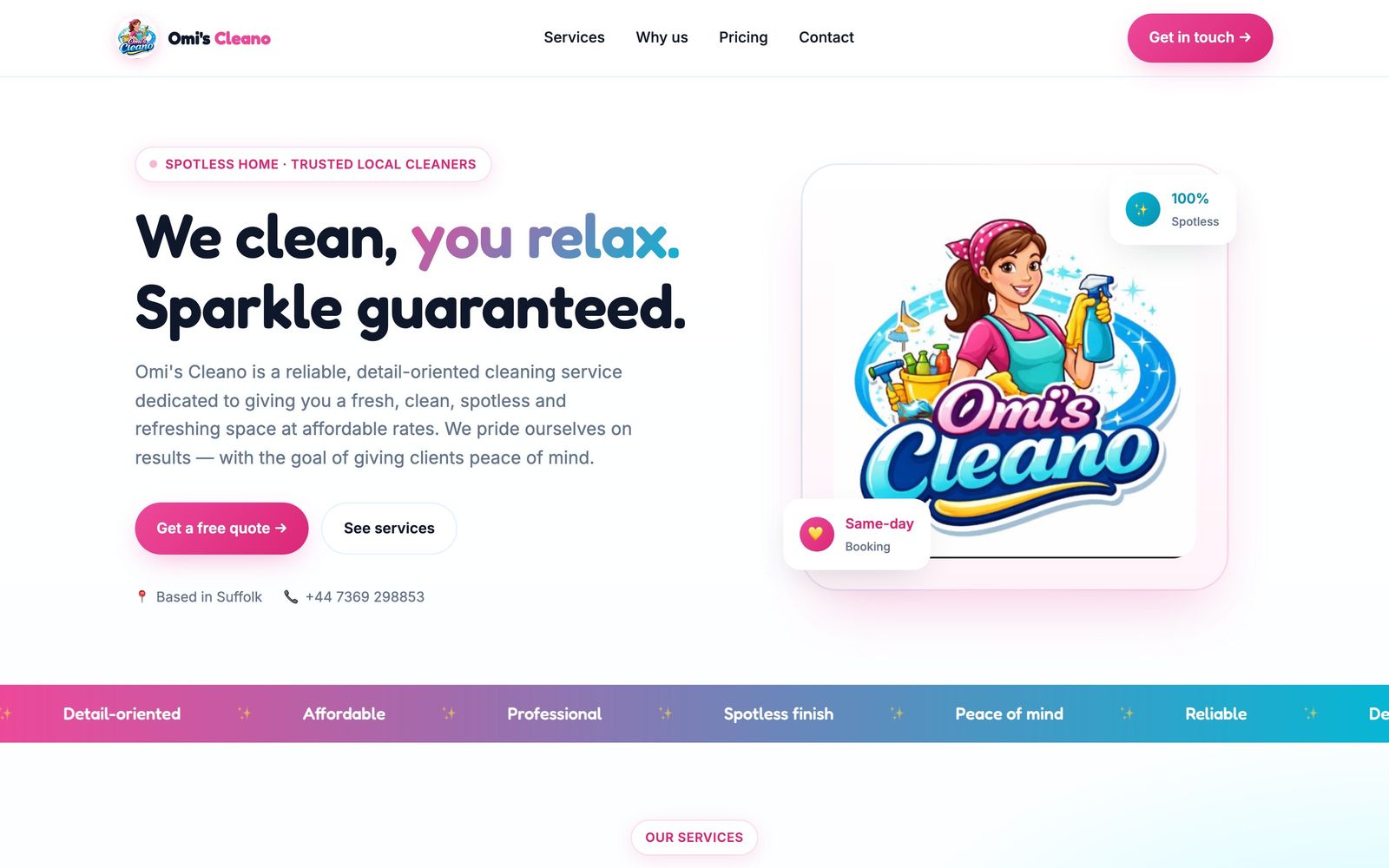 Omi's Cleano cleaning service website