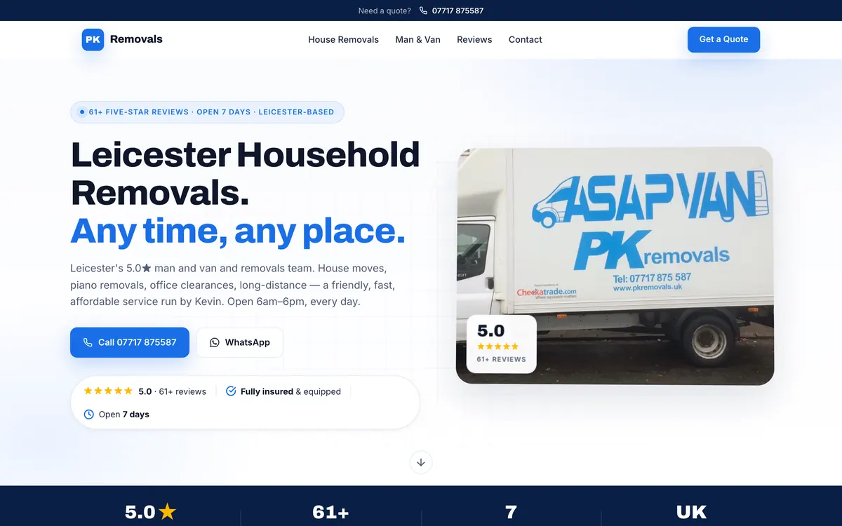 PK Removals website built by SH Studios