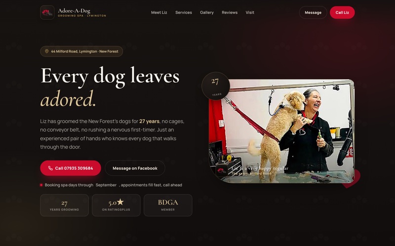 The Adore-A-Dog Grooming Spa concept site we built