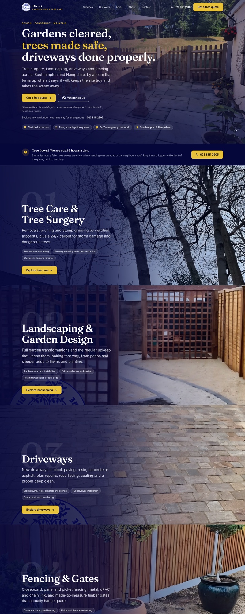 The Direct Landscaping & Tree Care website we built, shown scrolling