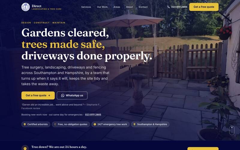 Direct Landscaping and Tree Care website, sandstone patio hero