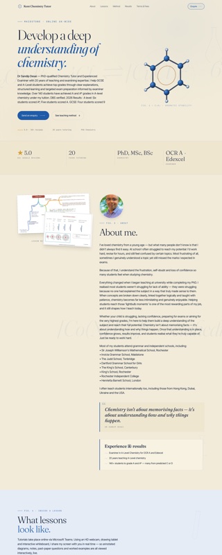 The Kent Chemistry Tutor website we built, shown scrolling