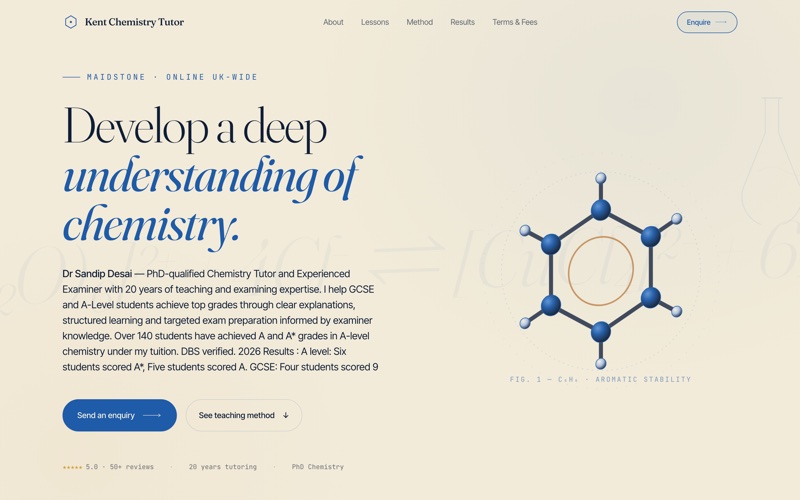 Kent Chemistry Tutor website, editorial hero with a rotating 3D molecule