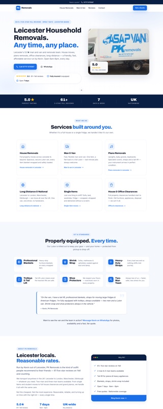 The PK Removals website we built, shown scrolling