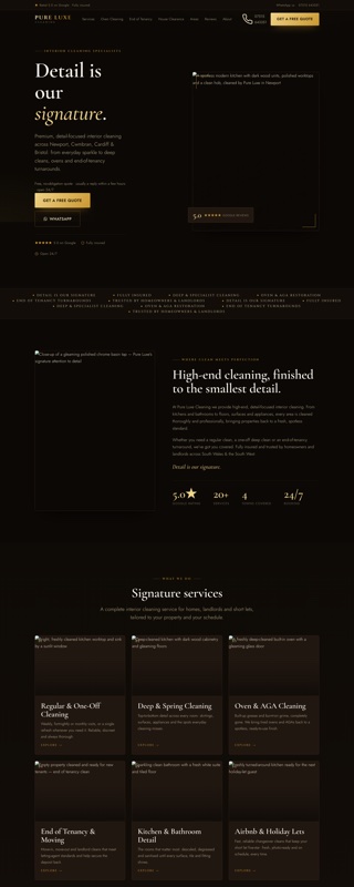 The Pure Luxe Cleaning website we built, shown scrolling