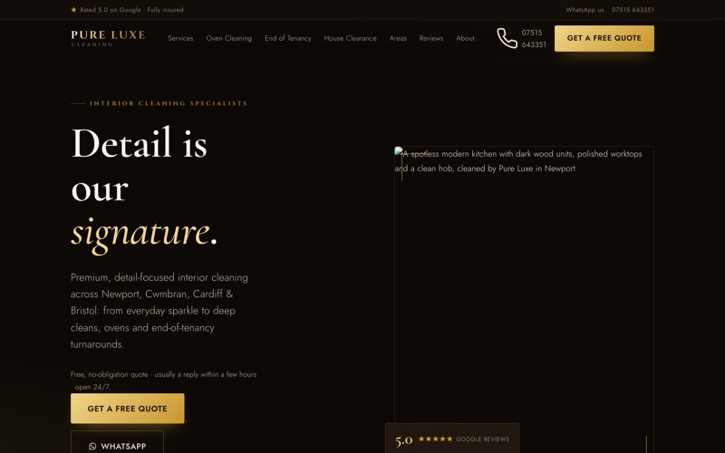 Pure Luxe Cleaning website, gold on black