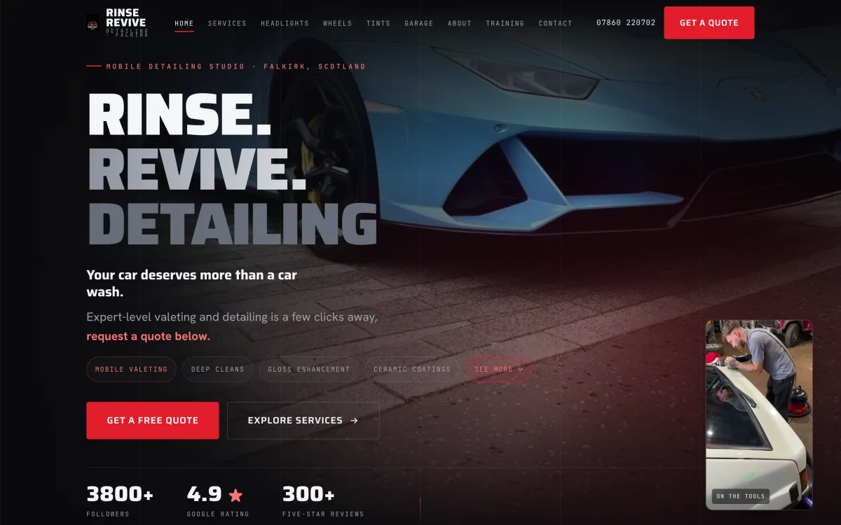 Rinse Revive Detailing website built by SH Studios