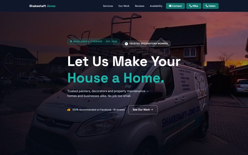 Shakeshaft Jones Home Improvements website, sunset hero over a liveried work van