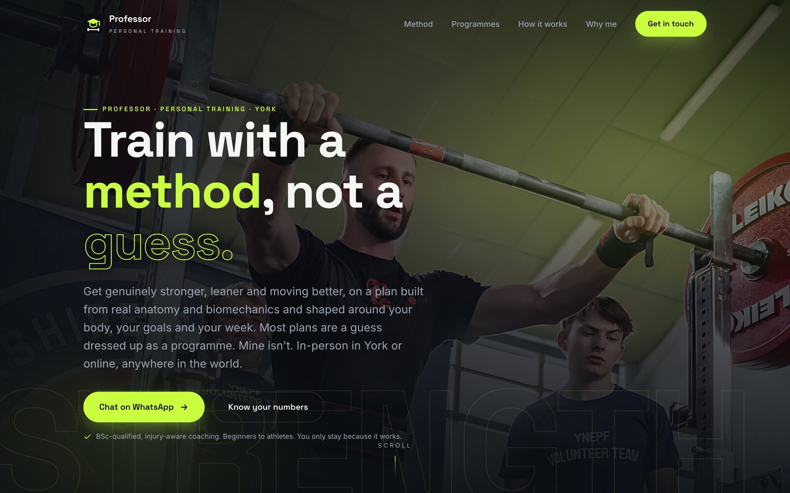 Professor Personal Training website — neon-green on charcoal hero reading Train with a method, not a guess