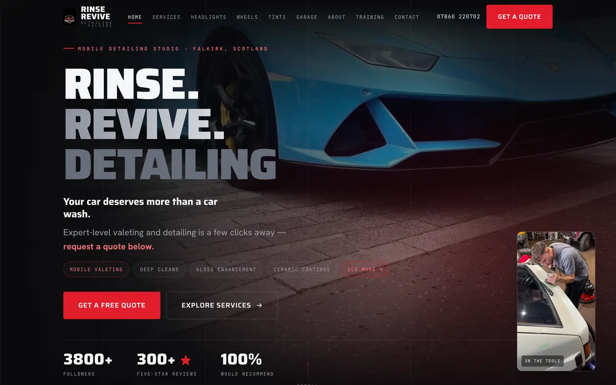 Rinse Revive Detailing website built by SH Studios