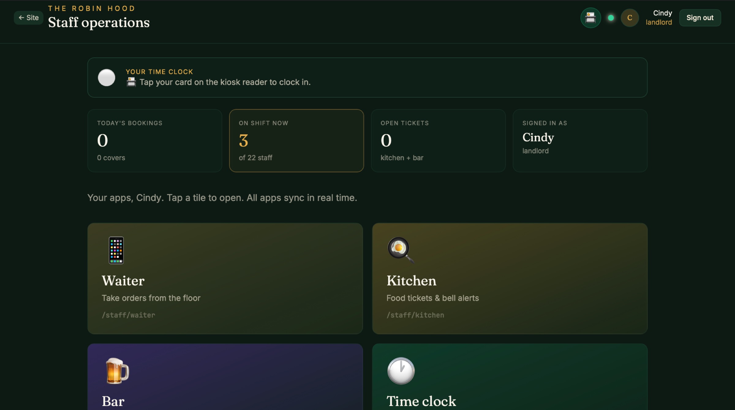 The Robin Hood pub staff operations dashboard — role-based tiles for waiter, kitchen, bar and time clock