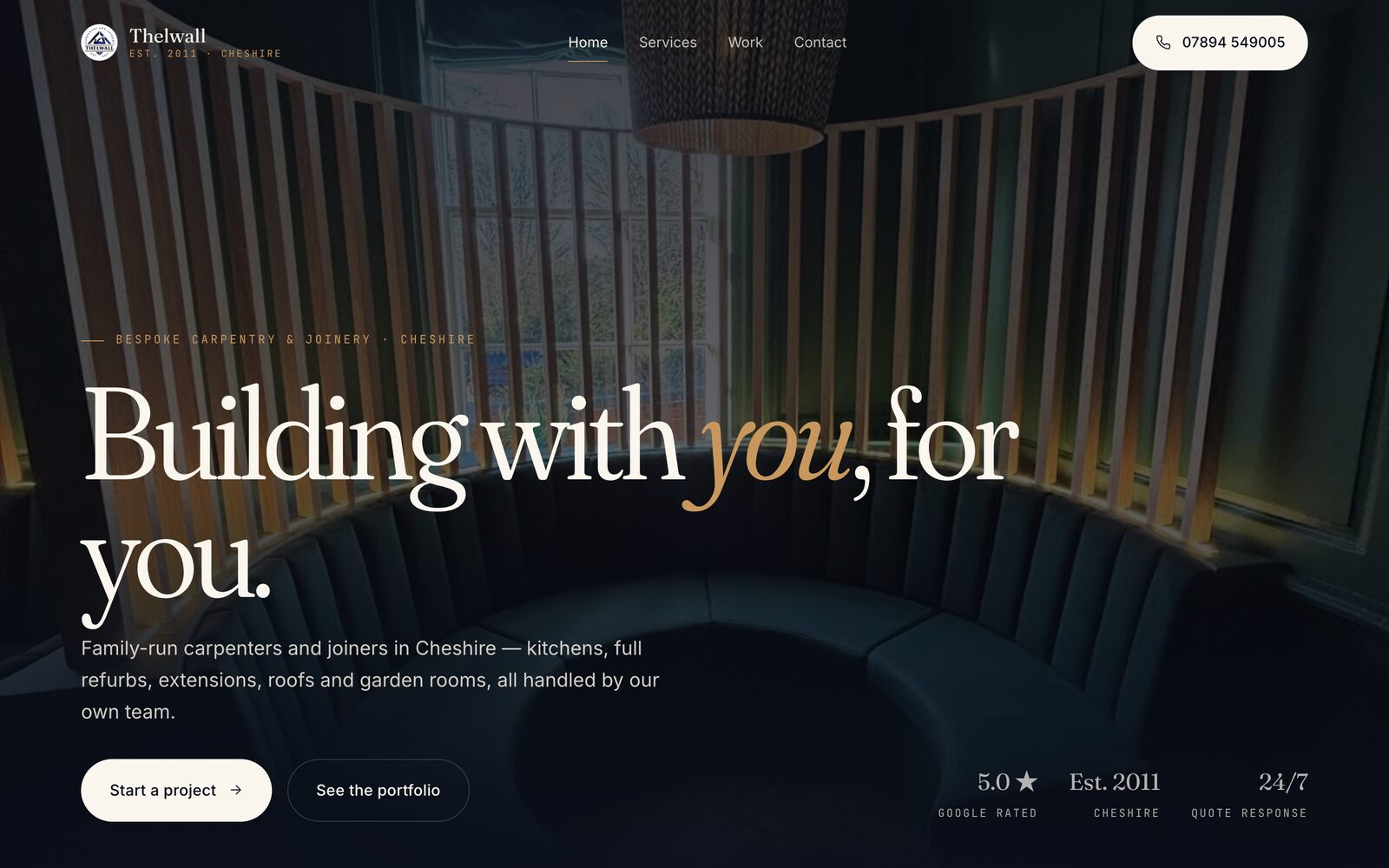Thelwall Carpentry and Joinery website — editorial serif hero over a fitted kitchen