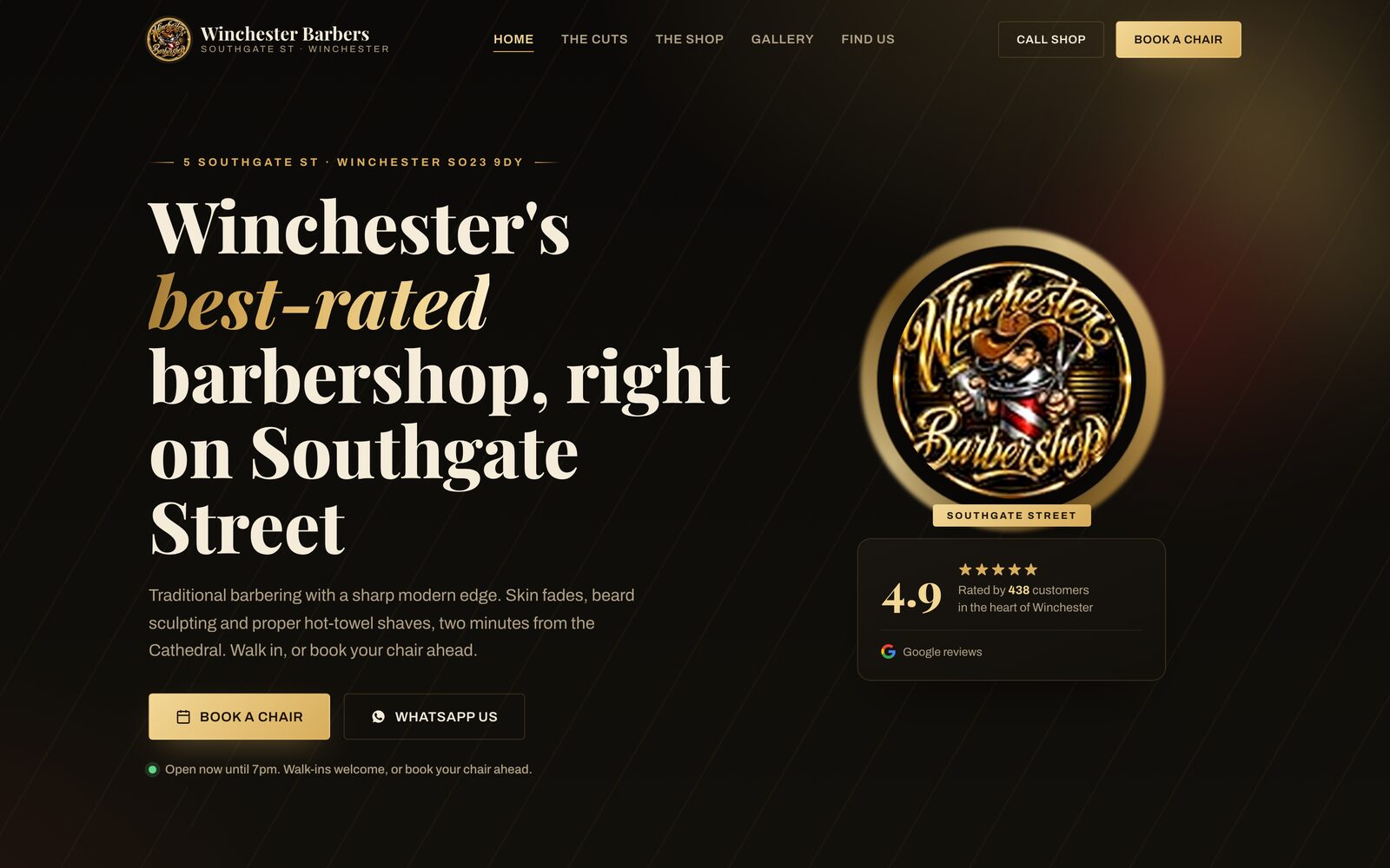 Winchester Barbers website — gold crest logo beside a serif hero headline